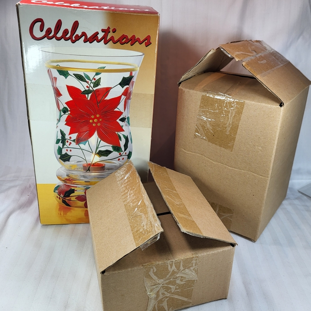 Celebrations Poinsettia Hurricane Candle Holder Glass 10" Christmas 2pc with Box - Picture 15 of 16